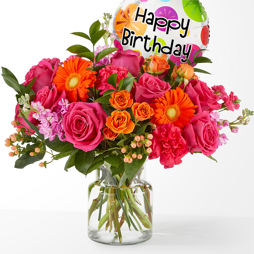 Fiesta Bouquet with Birthday Balloon – The Flower Shop, Sacramento CA