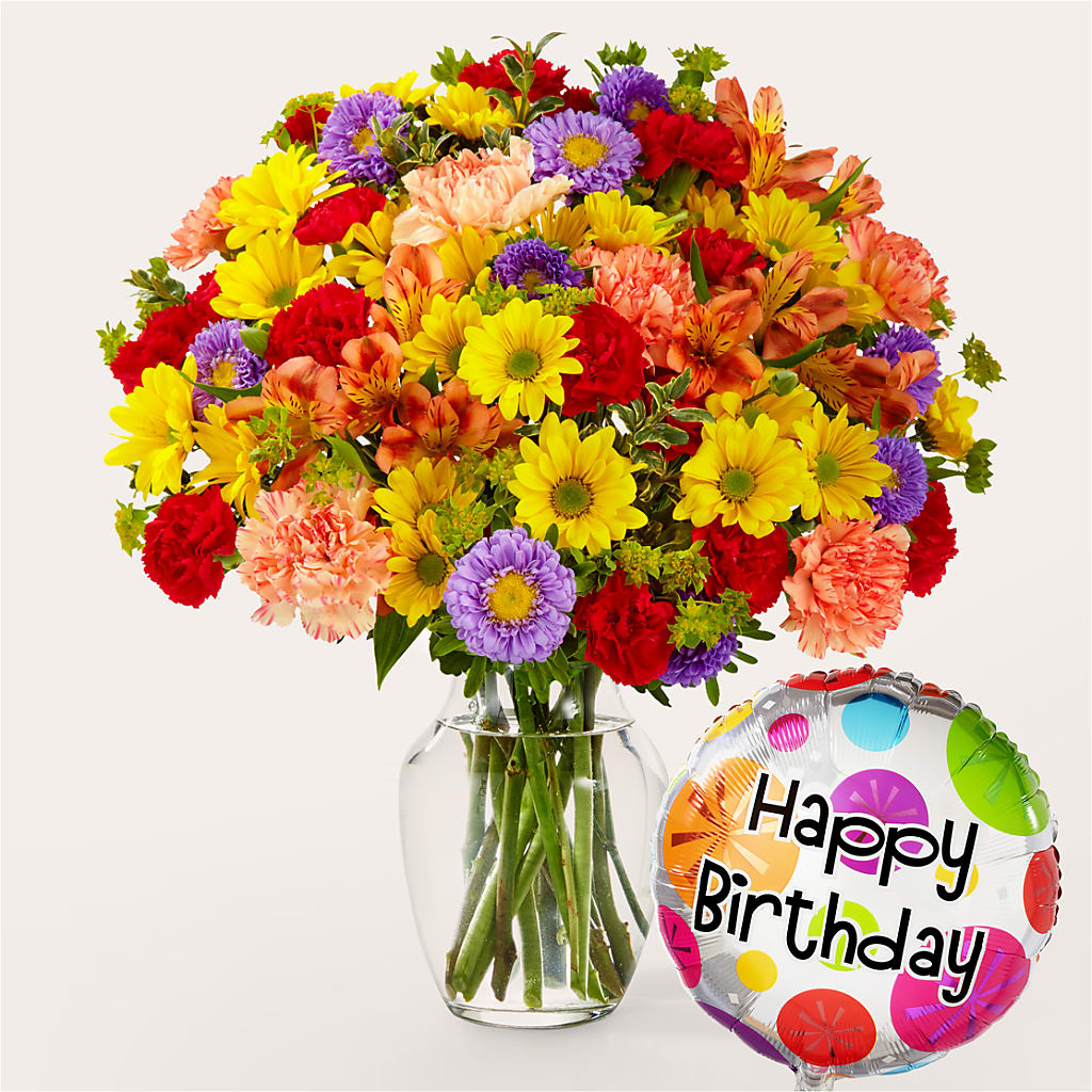 Kaleidoscope Bouquet with Birthday Balloon – The Flower Shop, Sacramento CA