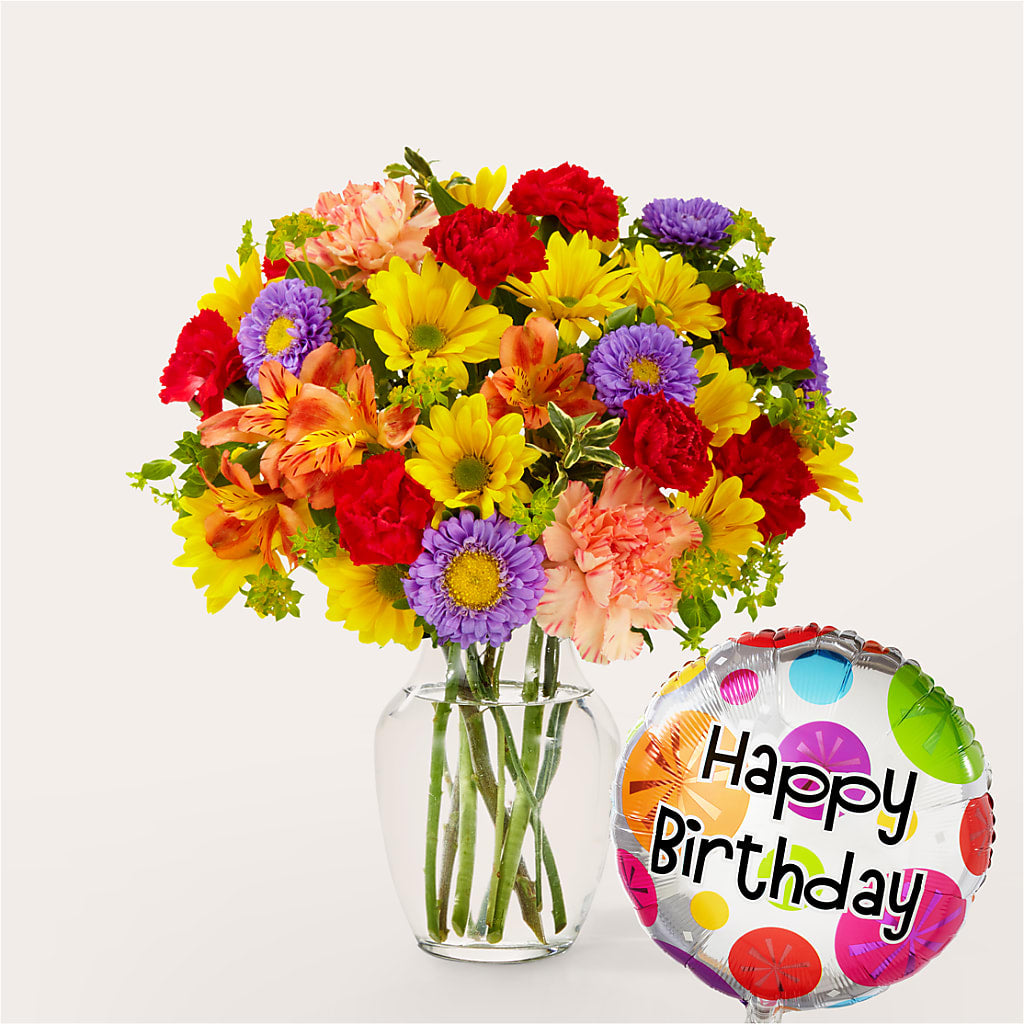 Kaleidoscope Bouquet with Birthday Balloon – The Flower Shop, Sacramento CA