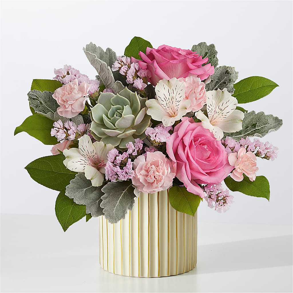 Dusty Rose Bouquet with Ivory Vase – The Flower Shop, Sacramento CA
