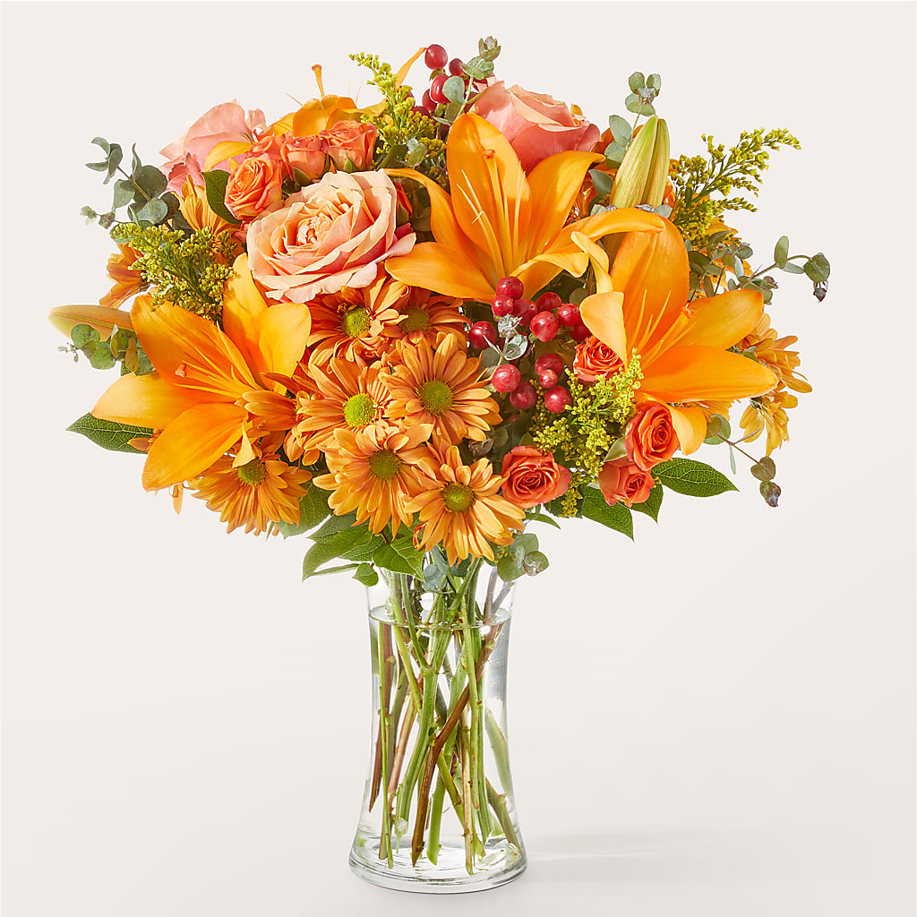 orange lily flower delivery Harvest Hayride Bouquet – butterscotch, orange, peach, red, yellow flower  arrangement | Sacramento, CA